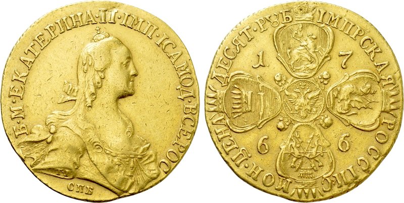 RUSSIA. Catherine II 'the Great' (1762-1796). GOLD 10 Roubles (1766-CПБ). St. Pe...