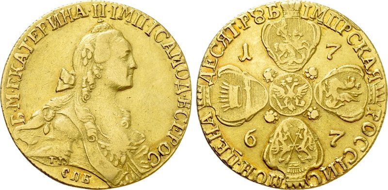 RUSSIA. Catherine II 'the Great' (1762-1796). GOLD 10 Roubles (1767-CПБ). St. Pe...