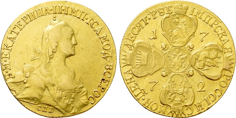 RUSSIA. Catherine II 'the Great' (1762-1796). GOLD 10 Roubles (1772-CПБ). St. Pe...