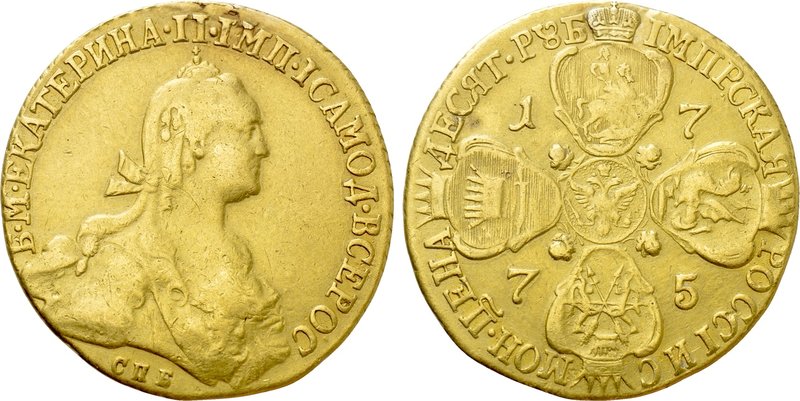 RUSSIA. Catherine II 'the Great' (1762-1796). GOLD 10 Roubles (1775-CПБ). St. Pe...