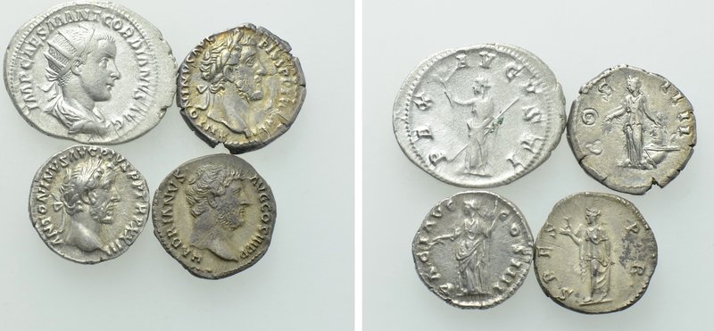 4 Roman Coins; Antoninus Pius, Hadrian etc. 

Obv: .
Rev: .

. 

Conditio...