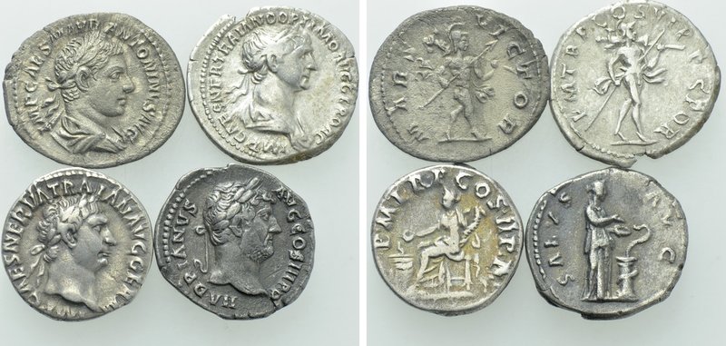 4 Roman Coins; Trajan, Hadrian etc. 

Obv: .
Rev: .

. 

Condition: See p...