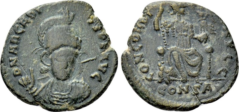 ARCADIUS (383-408). Ae. Constantinople. 

Obv: D N ARCADIVS P F AVG. 
Helmete...