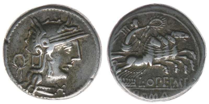 ROM Republik L.Opeimius 125-120 BC

Denar
Romakopf nach rechts /Victoria in Quad...