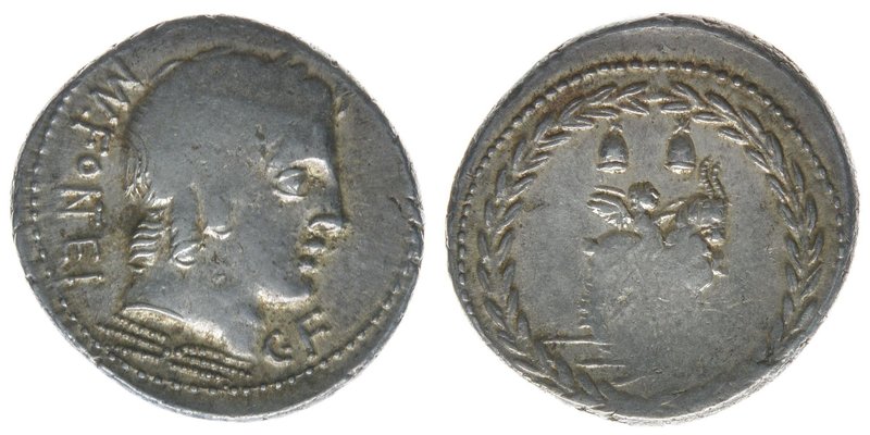 Rom Republik Mn. Fonteius, 85 v. Chr.
Denar

Apollokopf unter Halsabschnitt Blit...