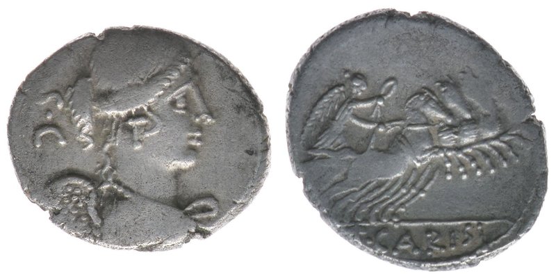 ROM Republik T.Carisius 46 BC

Denar
drapierte Victoriabüste /Victoria in Biga
S...