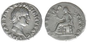 ROM Kaiserzeit Vespasianus 69-79
Denar 
IMP CAESAR VESPASIANVS AVG / COS ITER TR POT
Pax nach links sitzend
RIC 10, Kampmann 20.33.5 3,27 Gramm ss+