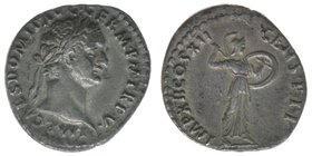 ROM Kaiserzeit
Domitianus 81-96

Denar
IMP CAES DOMIT AVG GERM PM TR P V / IMP XII COS XII CENS P P P
Minerva nach rechts
Kampmann 24.59, 3,25 Gramm, ...