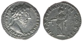ROM Kaiserzeit Marcus Aurelius 161-180
Denar
M ANTONINVS AVG ARM PARTH MAX / TR P XXII IMP IIII COS III
Aequitas nach links stehend
Kampmann 37.152.2,...