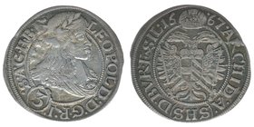 RDR Österreich Habsburg Kaiser Leopold I. 

3 Kreuzer 1667 SHS Breslau
1,58 Gramm, ss+
