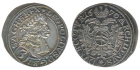 RDR Österreich Habsburg
Kaiser Leopold I.

3 Kreuzer (Groschen) 1670 Wien
Her.1317, 1,86 Gramm, vz/stfr