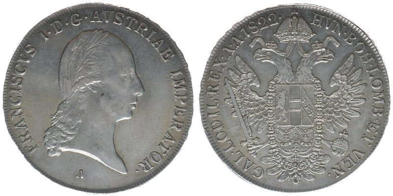 KAISERTUM ÖSTERREICH Kaiser Franz I.

Taler 1822 A
28.06 Gramm, vz++