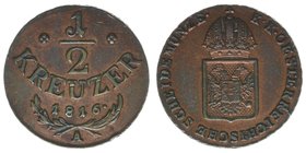 Kaisertum Österreich
Kaiser Franz I. 1806-1835

1/2 Kreuzer 1816 A
Frühwald 539, 4,53 Gramm, vz