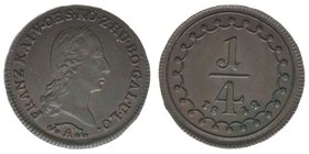 Kaisertum Österreich
Kaiser Franz I.

1/4 Kreuzer 1812 A
1,28 Gramm, vz