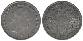 Kaisertum Österreich
Kaiser Ferdinand I.

20 Kreuzer 1841 A
6,73 Gramm, ss