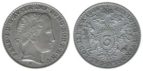 Kaisertum Österreich
Kaiser Ferdinand I.

3 Kreuzer 1846 A
1,68 Gramm, vz