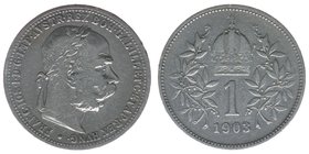 Kaisertum Österreich
Kaiser Franz Joseph I.
1 Krone 1903, gereinigt
seltenes Jahr, 4,94 Gramm, -ss