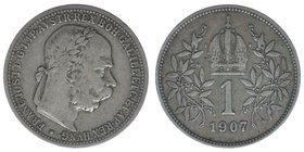 Kaisertum Österreich 
Kaiser Franz Joseph I.
1 Krone 1907
sehr selten, 4,95 Gramm, -ss