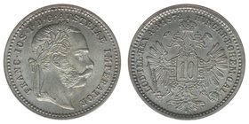 Kaisertum Österreich
Kaiser Franz Joseph I.

10 Kreuzer 1872 Wien
18mm, 1,64 Gramm, mit der Jahreszahl 1872 wurde bis 1892 weitergeprägt, stfr