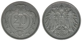 KAISERTUM ÖSTERREICH Kaiser Franz Joseph I.

20 Heller 1892
Nickel, 4,00 Gramm, ss, Jahrgangsrarität
ss