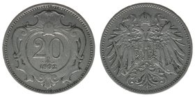 KAISERTUM ÖSTERREICH Kaiser Franz Joseph I. 1875-1916

20 Heller 1892 
KM#2803, Jahrgangsrarität, 4,01 Gramm, ss
