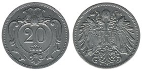 Kaisertum Österreich
Kaiser Franz Joseph I.
20 Heller 1908
4,00 Gramm, -vz