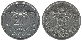 Kaisertum Österreich
Kaiser Franz Joseph I.
20 Heller 1909
4,00 Gramm, vz