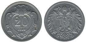 Kaisertum Österreich
Kaiser Franz Joseph I.
20 Heller 1909
4,01 Gramm, ss/vz