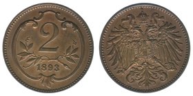 Kaisertum Österreich
Kaiser Franz Joseph I.
2 Heller 1893
3,31 Gramm, vz