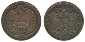 Kaisertum Österreich
Kaiser Franz Joseph I.
2 Heller 1898
3,46 Gramm, ss/vz
