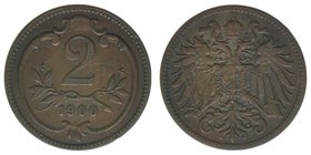 Kaisertum Österreich
Kaiser Franz Joseph I.
2 Heller 1900
3,24 Gramm, ss+