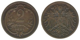 Kaisertum Österreich
Kaiser Franz Joseph I.
2 Heller 1901
3,16 Gramm, ss