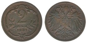 Kaisertum Österreich
Kaiser Franz Joseph I.
2 Heller 1901
3,28 Gramm, ss