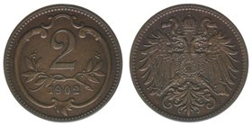 Kaisertum Österreich
Kaiser Franz Joseph I.
2 Heller 1902
3,34 Gramm, ss/vz