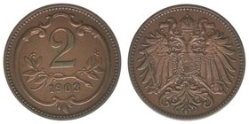 Kaisertum Österreich
Kaiser Franz Joseph I.
2 Heller 1903
3,37 Gramm, -vz