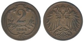 Kaisertum Österreich
Kaiser Franz Joseph I.
2 Heller 1904
3,27 Gramm, ss