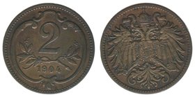 Kaisertum Österreich
Kaiser Franz Joseph I.
2 Heller 1904
3,35 Gramm, ss