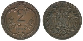 Kaisertum Österreich
Kaiser Franz Joseph I.
2 Heller 1904
3,28 Gramm, ss/vz