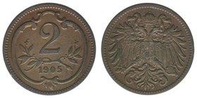 Kaisertum Österreich
Kaiser Franz Joseph I.
2 Heller 1905
3,28 Gramm, ss/vz