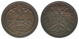 Kaisertum Österreich
Kaiser Franz Joseph I.
2 Heller 1905
3,31 Gramm, ss/vz