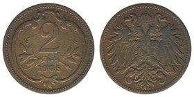Kaisertum Österreich
Kaiser Franz Joseph I.
2 Heller 1905
3,19 Gramm, ss