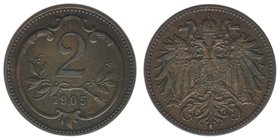 Kaisertum Österreich
Kaiser Franz Joseph I.
2 Heller 1905
3,37 Gramm, ss/vz