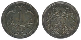 Kaisertum Österreich
Kaiser Franz Joseph I.
1 Heller 1892
sehr selten, 1,61 Gramm, vz