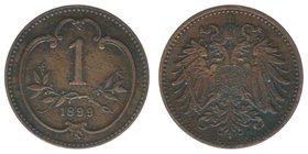 KAISERTUM ÖSTERREICH Kaiser Franz Joseph I.
1 Heller 1899
Kupfer, 1.81 Gramm, selten, vz