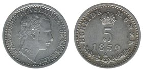Kaisertum Österreich 
Kaiser Franz Joseph I.

5 Kreuzer 1859 A
ANK 12, 1,34 Gramm, vz
