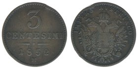 KAISERTUM ÖSTERREICH Kaiser Franz Joseph I.
3 Centesimi 1852 M Mailand
Frühwald 1881, 3,36 Gramm, ss