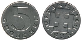 Österreich 1. Republik
5 Groschen 1938
sehr selten, 3,00 Gramm, vz++