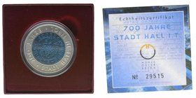 Österreich 2. Republik
25 Euro Sondergedenkmünze Bimetall 900 Ag, Niob
700 Jahre Stadt Hall in Tirol 2003 Auflage 50000 in Originalschachtel der Mün...
