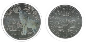 Österreich 2. Republik
3 Euro Sondergedenkmünze Wolf 2017 - Kupfer-Nickel 34mm, 16 Gramm
Farbdruck im Dunkeln leuchtend, handgehoben, Auflage 50000...