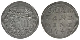 Erzbistum Salzburg
Andreas Jakob Graf Dietrichstein 1747-1753
Landbatzen 1747
Zöttl 2862, Probszt 2221, 2,05 Gramm, vz+